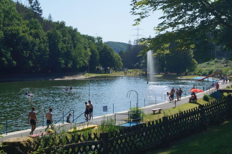 Übersichtsfoto des Waldschwimmbads von der Terrasse aus