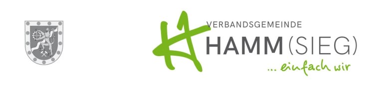 Das grün-weiße Logo der Verbandsgemeinde Hamm (Sieg) beinhaltet ein großes geschwungenes H in Schreibschrift und den Slogan "...einfach wir"
