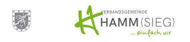 Das grün-weiße Logo der Verbandsgemeinde Hamm (Sieg) beinhaltet ein großes geschwungenes H in Schreibschrift und den Slogan "...einfach wir"