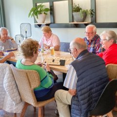Senioren sitzen am Tisch und spielen 