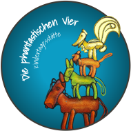 Das Logo der Kindertagesstätte "Die fantastischen Vier" mit Esel, Hund, Katze und vor einem blauen Kreis