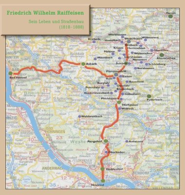 Die Landkarte zeigt die Straßenbauprojekte Raiffeisens vom Westerwald zum Rhein.