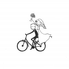 Zeichnung eines Brautpaares auf einem Fahrrad.
